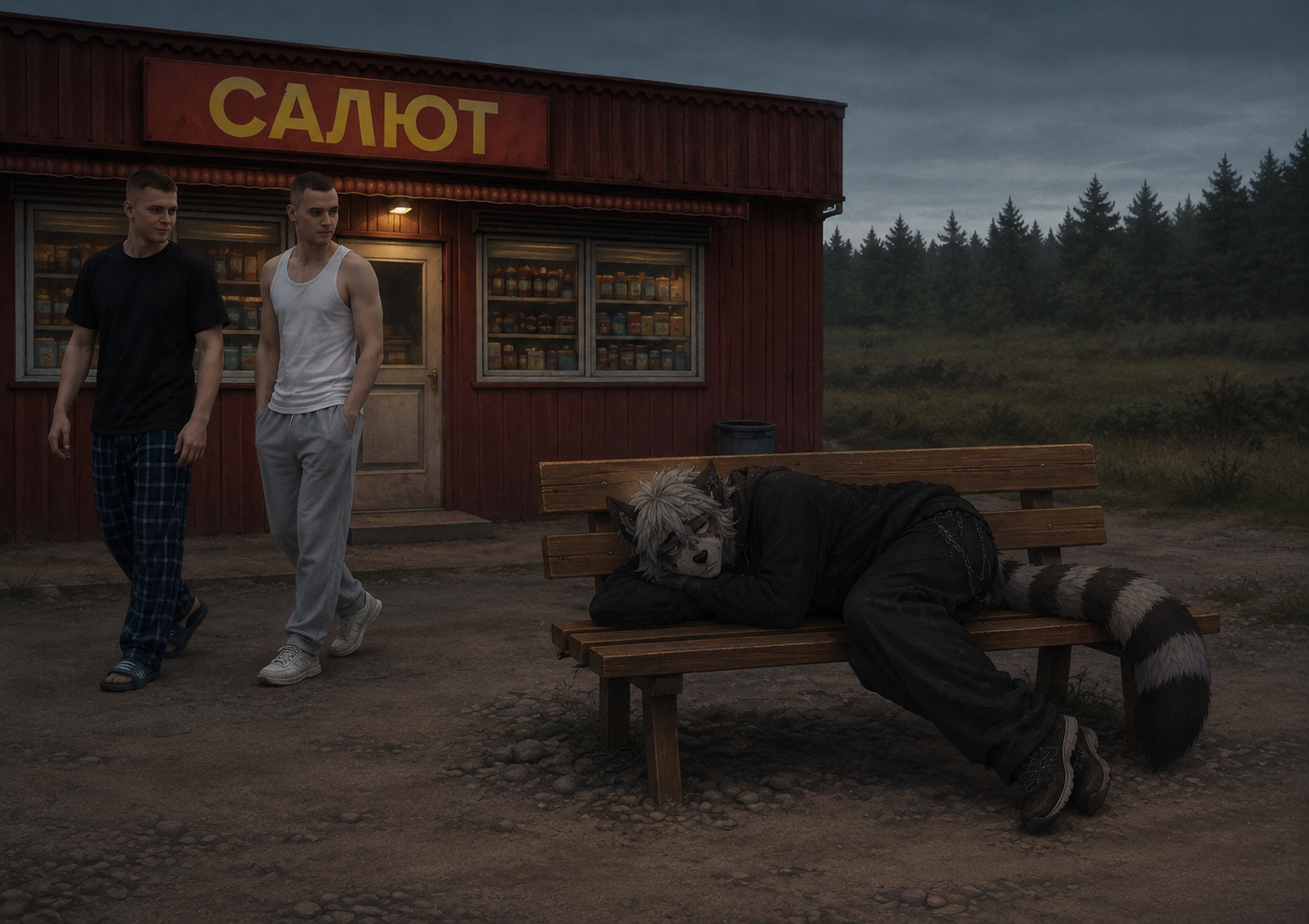 Артём и Саня идут из салюта мимо спящего на лавке Леонарда